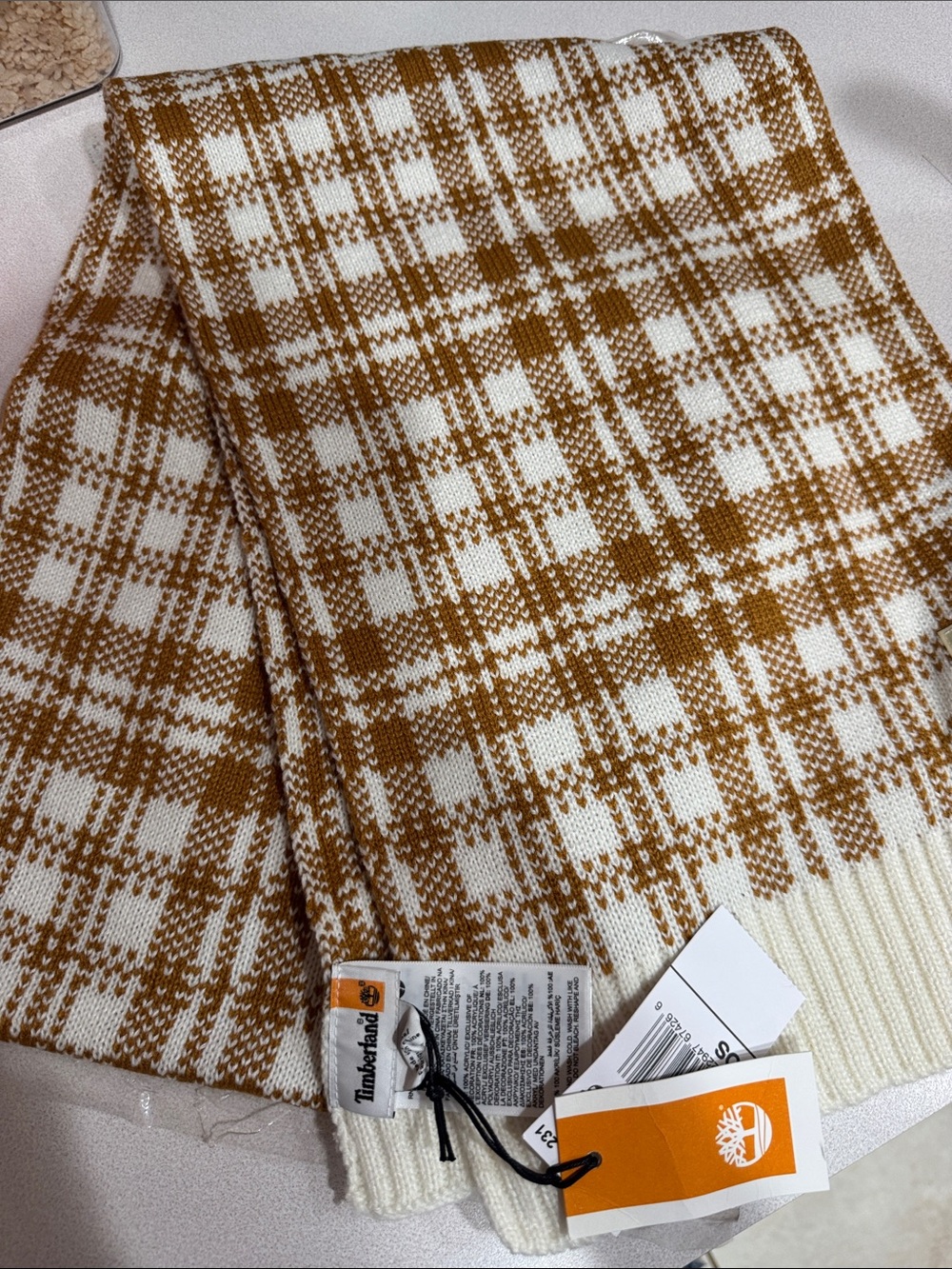 Timberland Brown & White Plaid Knit Scarf